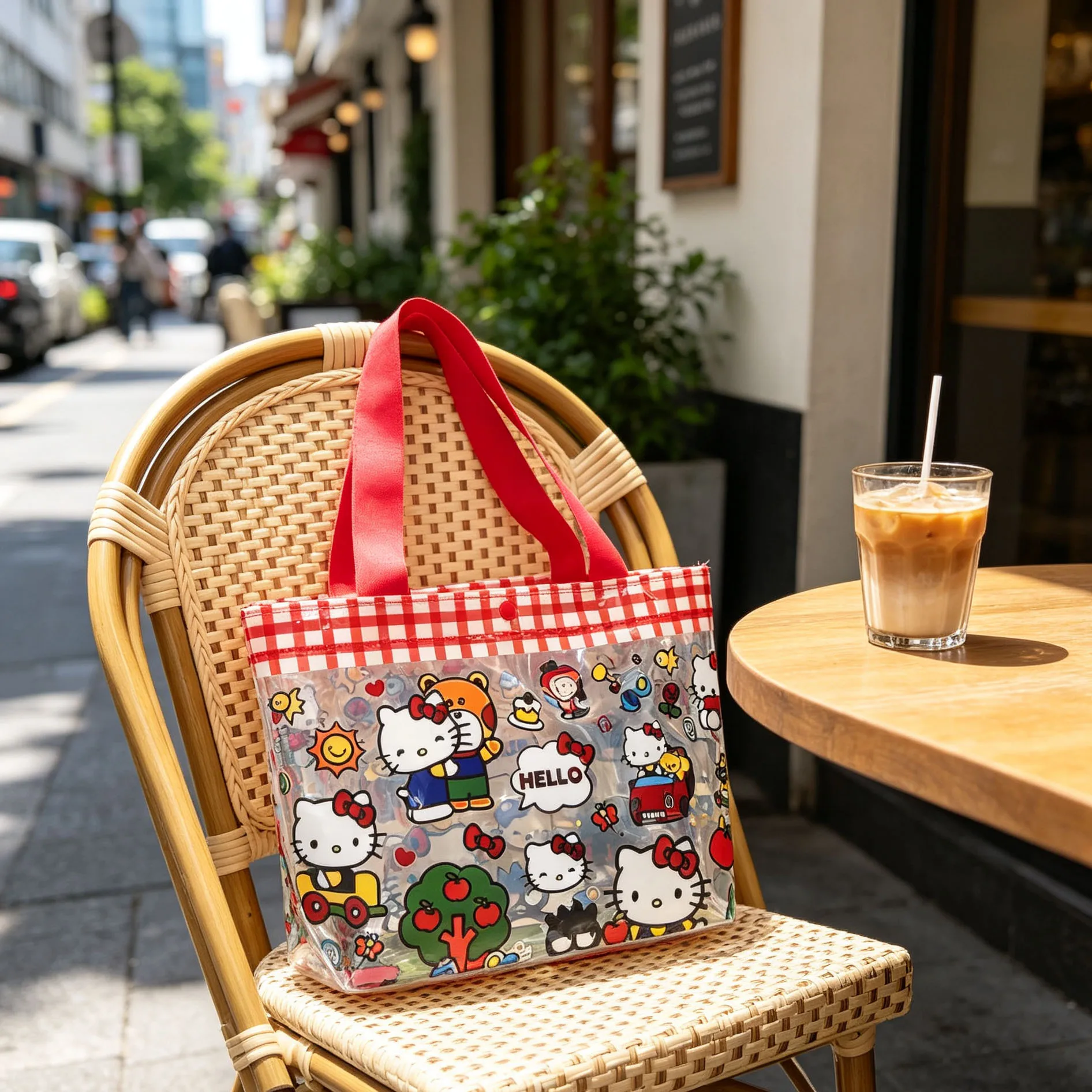 Hello kitty Transparent Handbag Cartoon Printed Waterproof Handbag Snap on Large Capacity Beach Shopping Bag