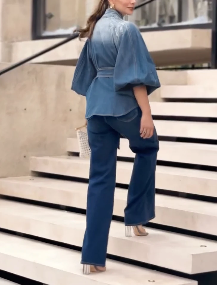 Chemisier à taille nouée pour femmes, ample, dégradé boutonné, manches bouffantes, col montant, dessus de chemise, vêtements, nouvelle collection printemps été 2026