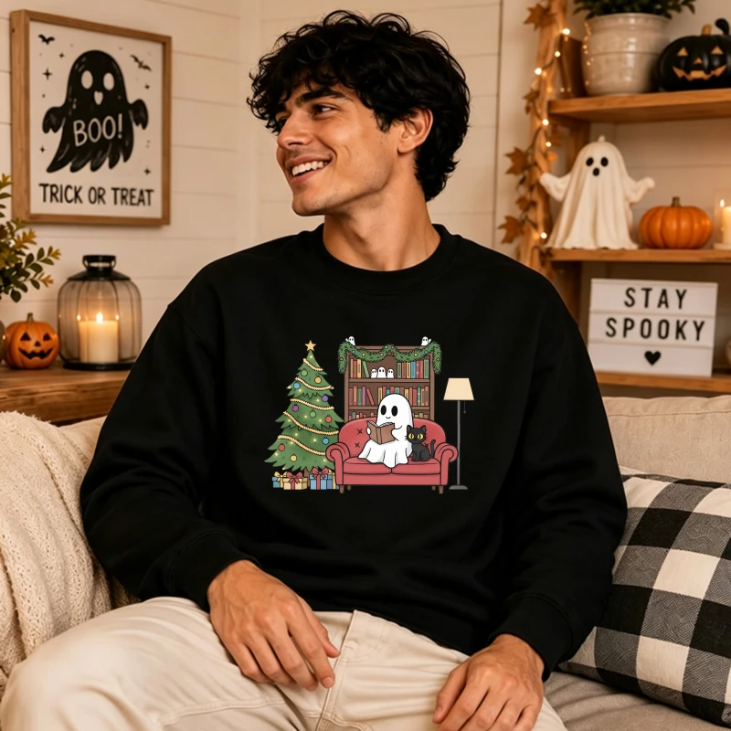 Christmas Ghost Reading Book Black Cat Xmas Tree Gift Graphic Long Sleeve Pullover Casual Winter Holiday for Daily Party Wear
