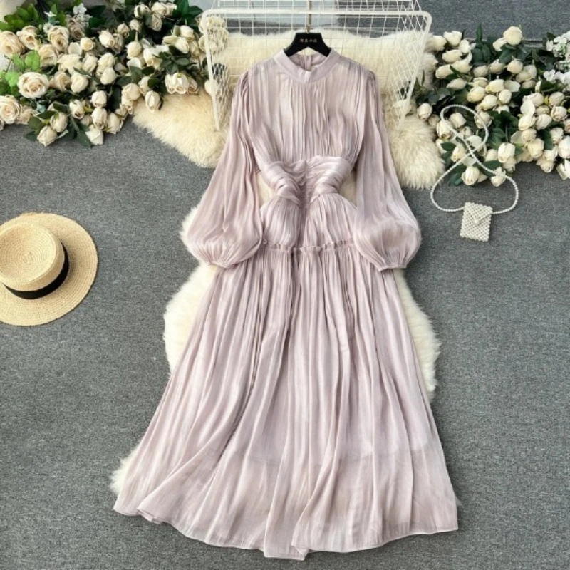 

Long Dress Women Dresses A Line Vestidos Streetwear Stand Collar Lantern Sleeve Elegant White Y2k High Waist Slim Party 2025