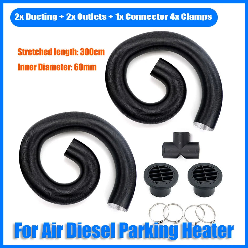 Air Diesel Heater 2x 60mm Diameter 300cm Length Duct Pipe Tube Hose + 2x Rotable Outlet 1x T Connector + 4x Clamps For Car VAN B