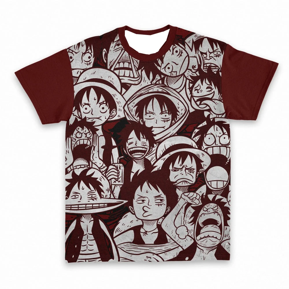 One Piece Monkey D. Luffy T-Shirt mit mehreren Ausdrücken, Manga-Collage, roten Ärmeln und Anime-Grafik