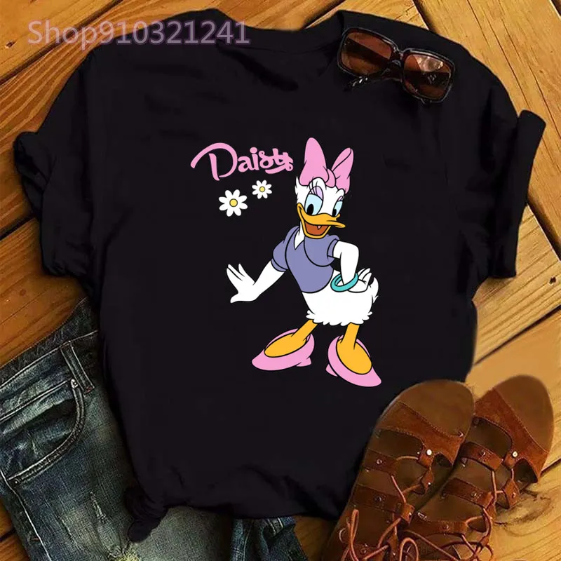 

Women Daisy Duck Black T Shirt Kawaii Female T-shirt Girl Tops Tee Funny Cartoon Summer Short Sleeve Cute Girls T-shirt