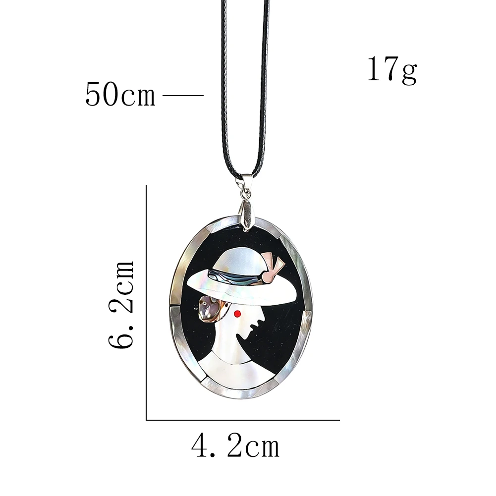 Vintage Straw Hat Girl Pendant Oval Natural Splicing Abalone Shell Necklace Artistic Style Madam Versatile Fashion Jewelry Gifts
