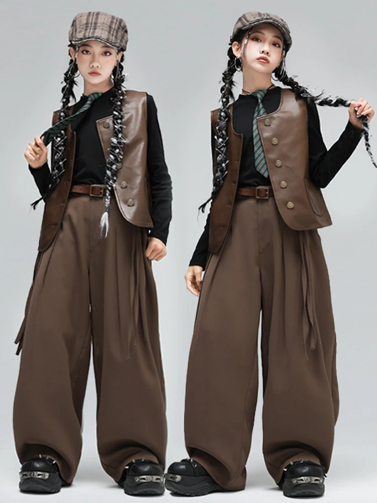Costume de danse Hip Hop pour enfants, gilet marron, chemise à manches longues et pantalon pour filles, vêtements de spectacle de danse de rue Kpop BL17811