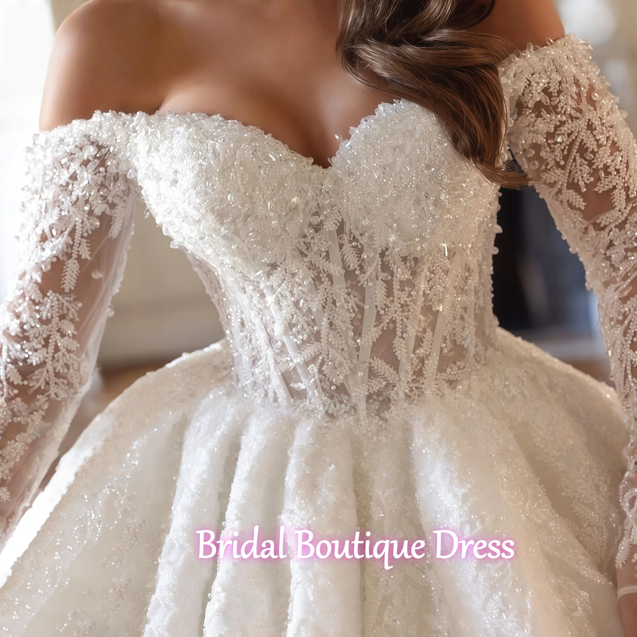 맞춤형 고급스러운 스위트하트 레이스업 볼 가운 웨딩 드레스 정교한 아플리케 자수 긴 소매 공주 신부 드레스