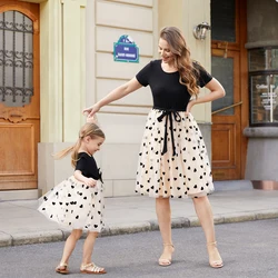 PatPat Mommy and Me Black Top Spliced Heart Pattern Mesh Dresses