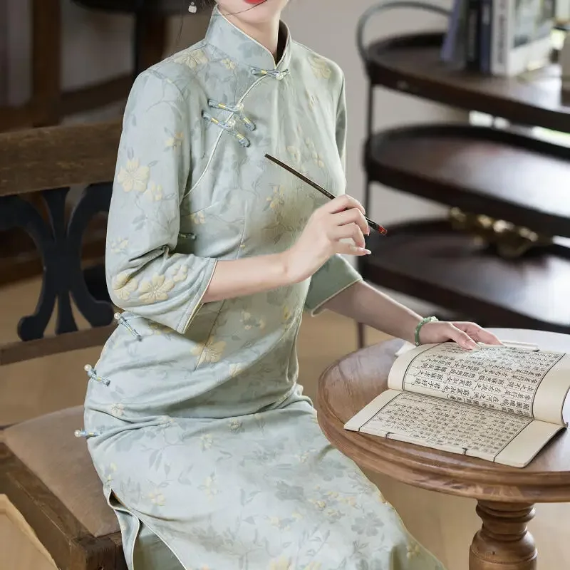 

Autumn Summer Night Party Dress Lady Elegant Improved Chinese Dress Modern Chesongam Qipao Hanfu Costume Print Vestidos