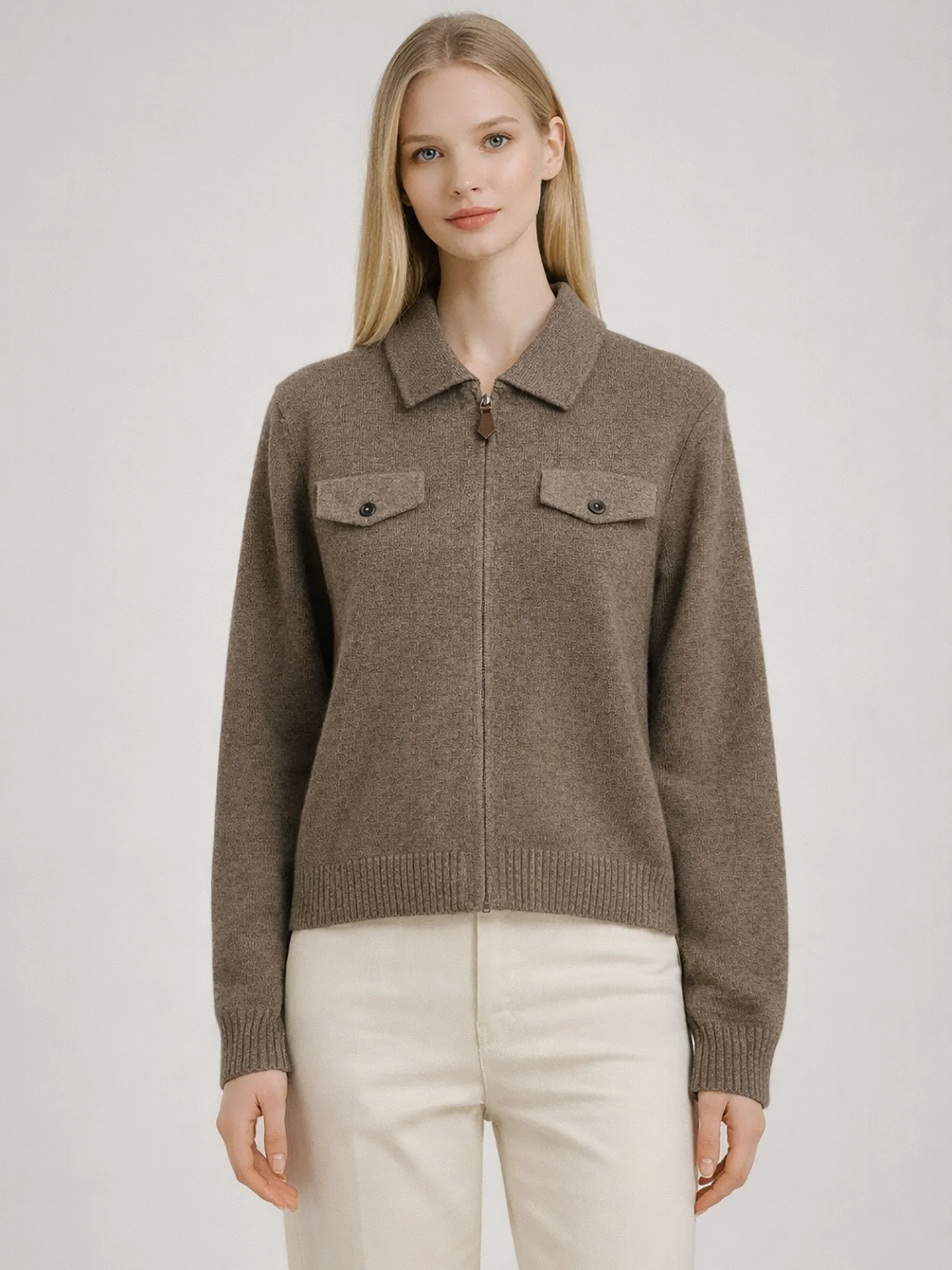 

Women's Grey Beige Wool Cashmere Knitted Cardigan Turn-down Collar Zipper Double Pockets Tops Long Sleeve Chic Runway