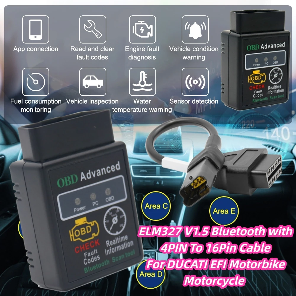 US STOCK For DUCATI EFI Motorbike Motorcycle 4PIN To 16Pin Cable with ELM327 V1.5 Bluetooth OBD2 ELM 327 Fault Code for Android