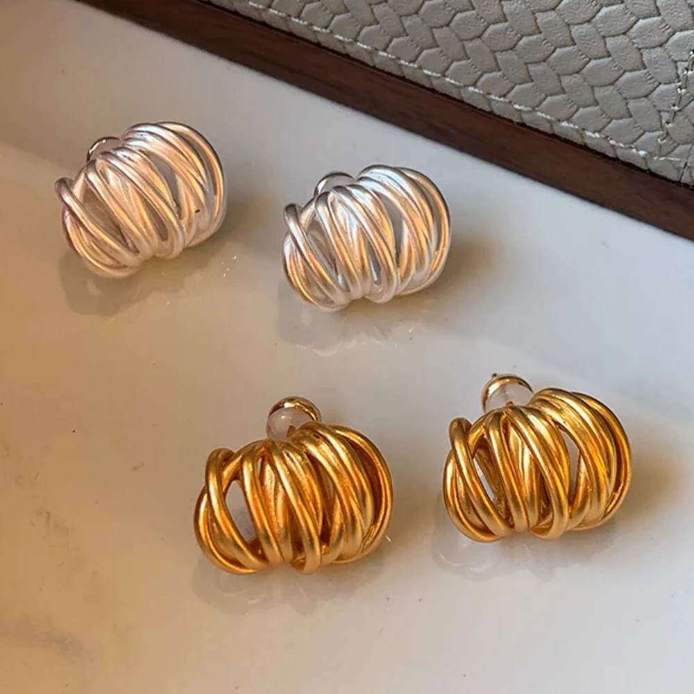 Fashion Multi-layer Interweave Twisted Lines Metal C-shaped Stud Earrings Irregular Hollow Simple Waterproof Jewelry for Women