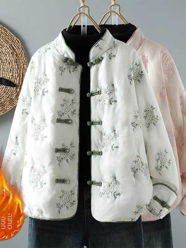 

Chinese Style Embroidered Cotton Jacket Lightweight down Cotton Women's Winter Stand Collar Buttoned Coat Floral Pattern