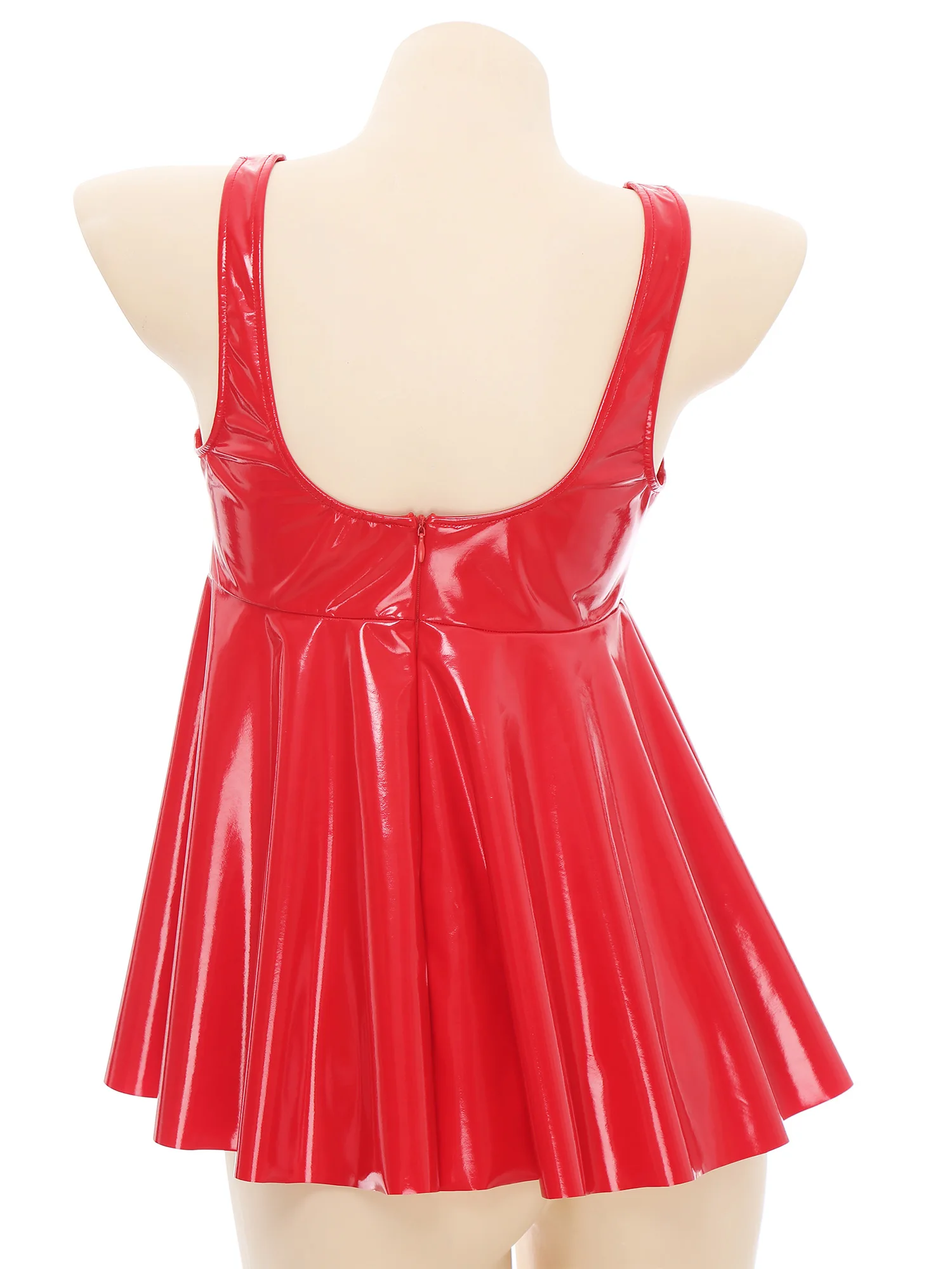 Womens Patent Leather Cut Out Lingerie Top Sleeveless Backless Hollow Out Front Split Ruffled Mini Lingerie Dress Clubwear