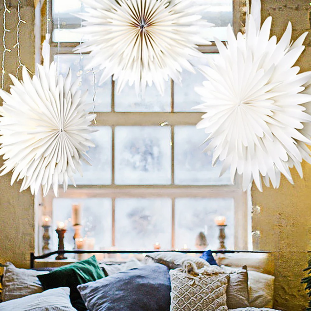 1 white three-dimensional paper fan snowflake ornament, Christmas, wedding, birthday, party decoration strap hanging rope