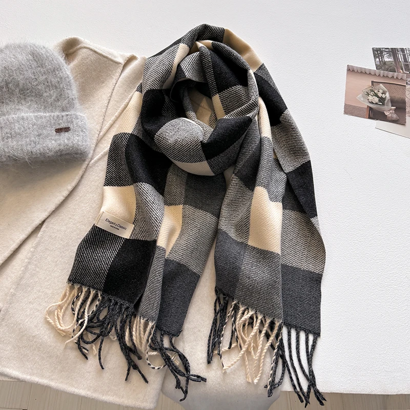 

2024, зимний теплый шарф в клетку для мужчин и женщин, двусторонняя шаль из искусственного кашемира, толстая накидка, студенческие шарфы, одеяло Bufanda Echarpe