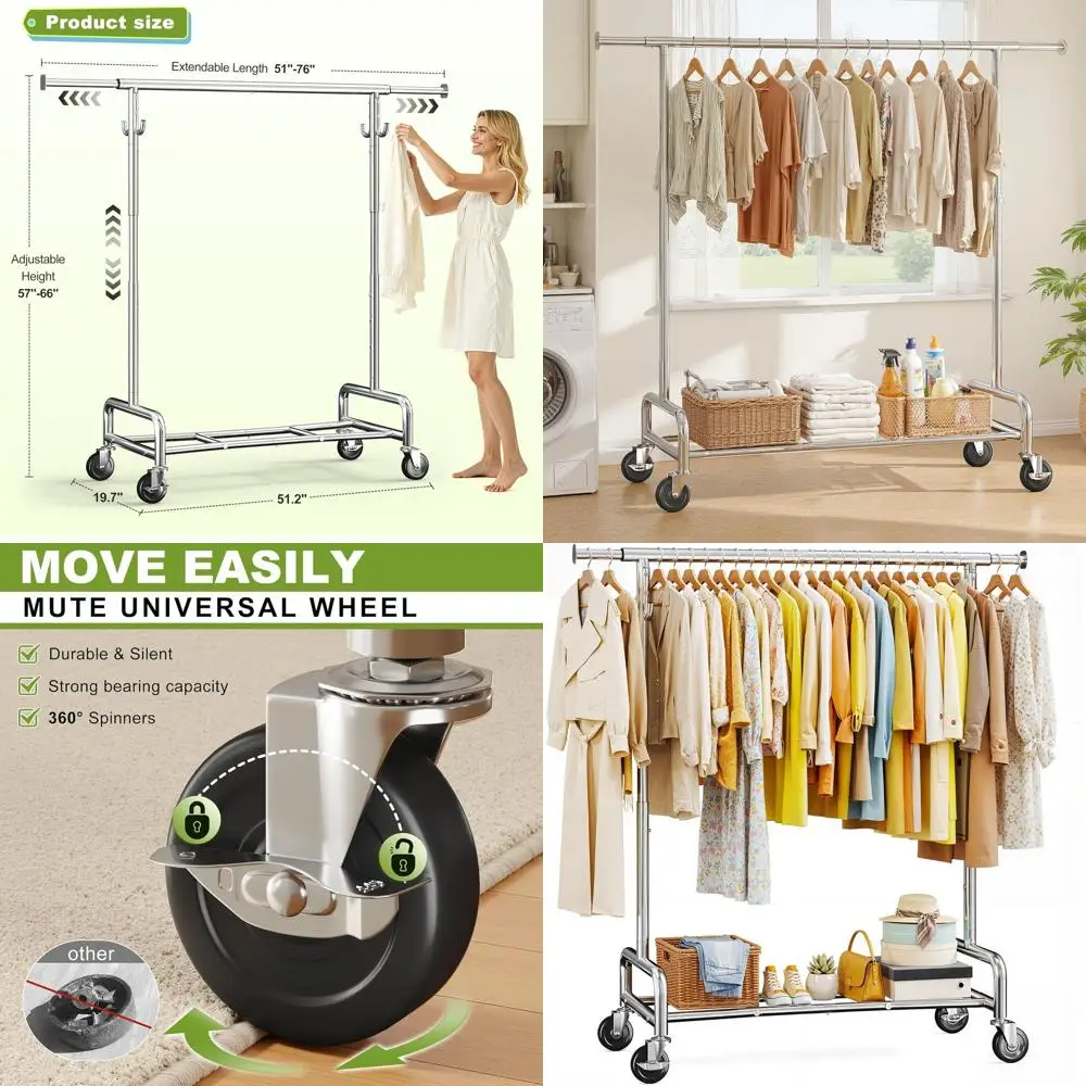 

Прочная вешалка для одежды с регулируемой высотой, 76 Вт, с блокирующимися колесами, выдерживает нагрузку до 450 фунтов, для спальни, прачечной или гардеробной.