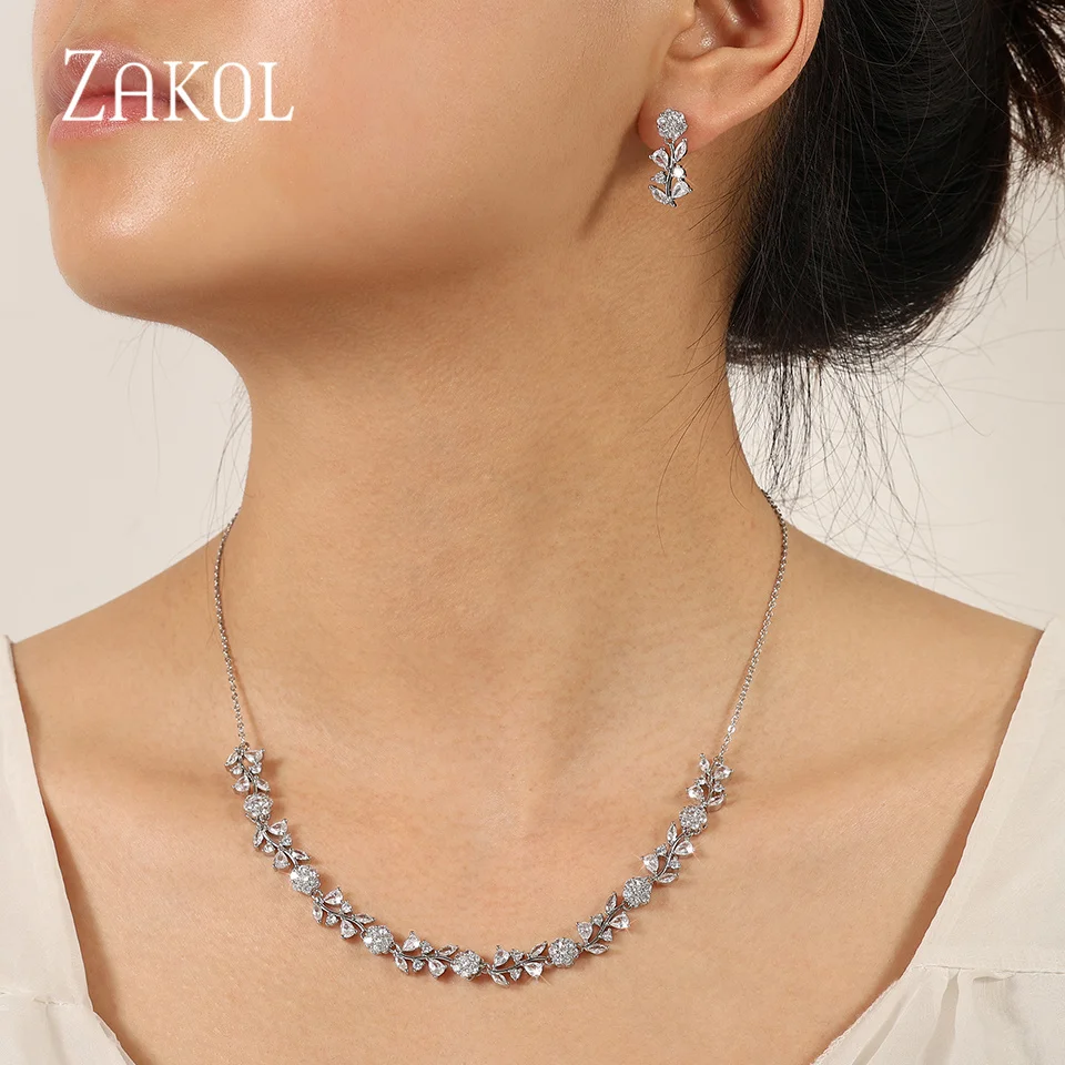 ZAKOL Luxury Zirconia Leaf Water Drop Bridal Jewelry Sets Exquisite Flower Earring Necklace Set Wedding Accessories