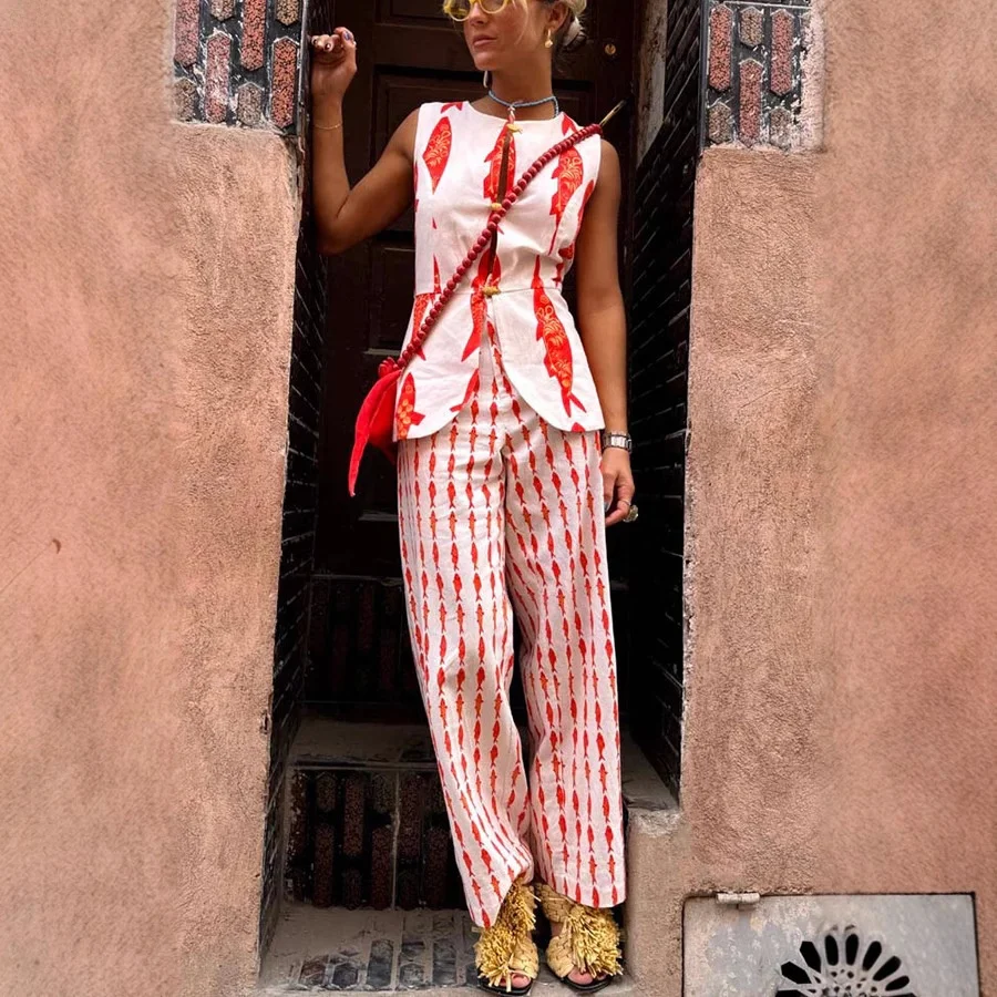 2025 Nuovo set canotta stampata Set elastico in vita allentato Set da due pezzi Completo da donna Pantaloni lunghi Chiusura con bottoni