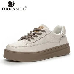 DRKANOL 2024 Women Flat Platform Shoes Spring Genuine Leather Mixed Colors Casual Board Shoes Lace-Up Soft Bottom Sneakers H8802