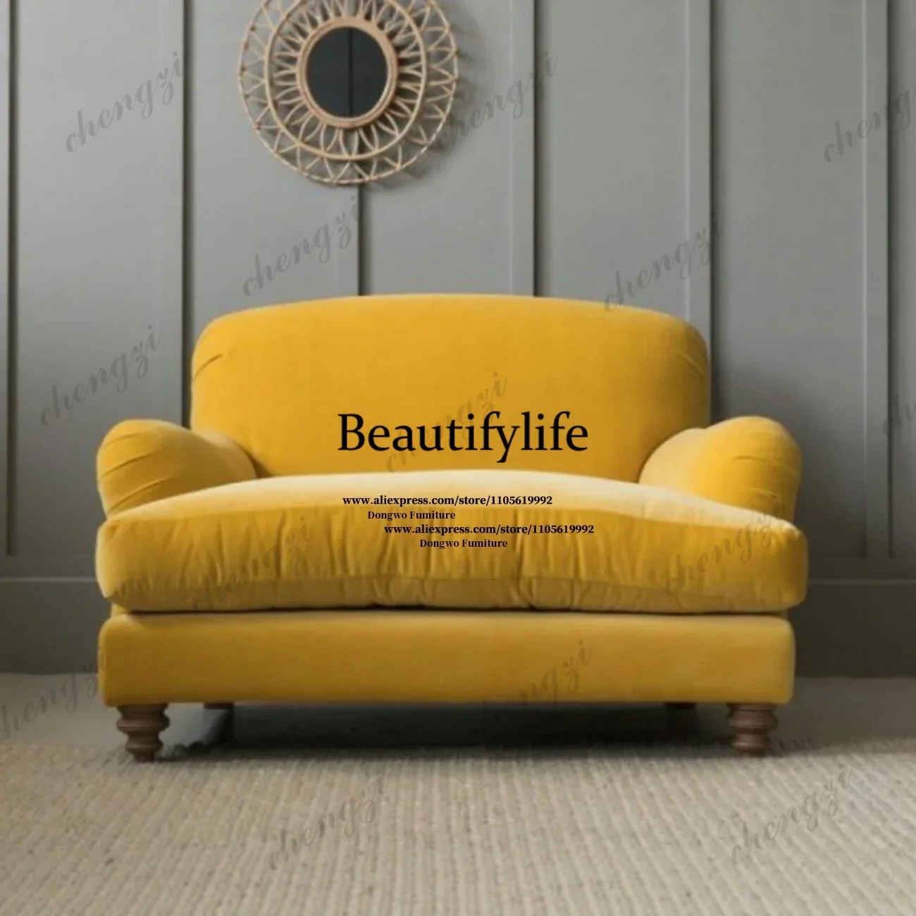 132 Ginger velvet single lazy sofa retro round rolled solid wood gourd foot light luxury living room leisure armchair