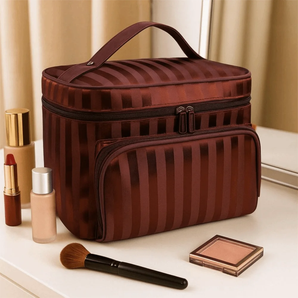 

Multifunctional Hand-held Stripe Cosmetic Bag Large Capacity Waterproof Toiletry Bag with Zipper Foldable Makeup Bag for Home