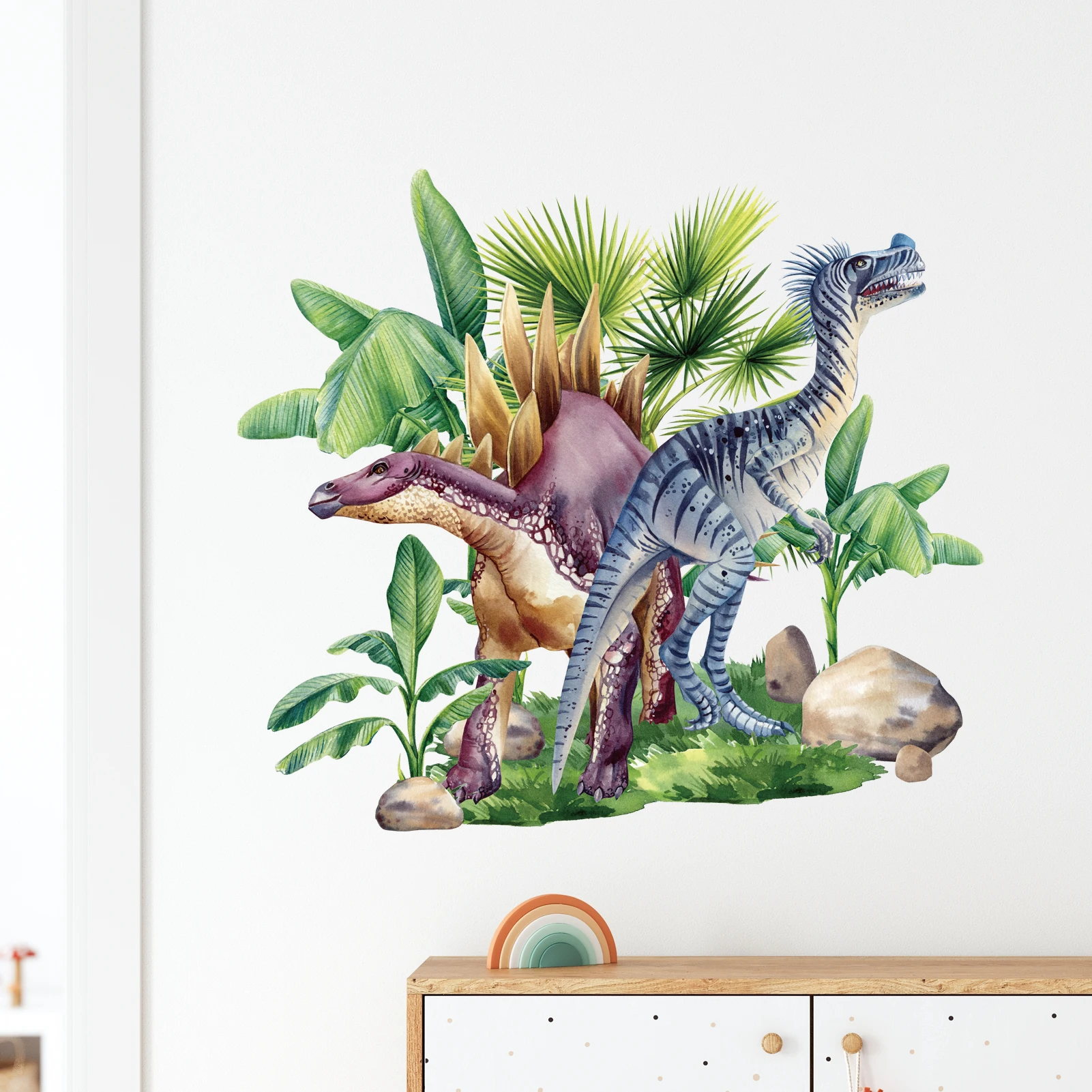 Watercolor Dinosaur Wall Stickers, Tropical Jungle Plant Decals, Removable Jurassic Animal Wall Art for Home Living Room Decor