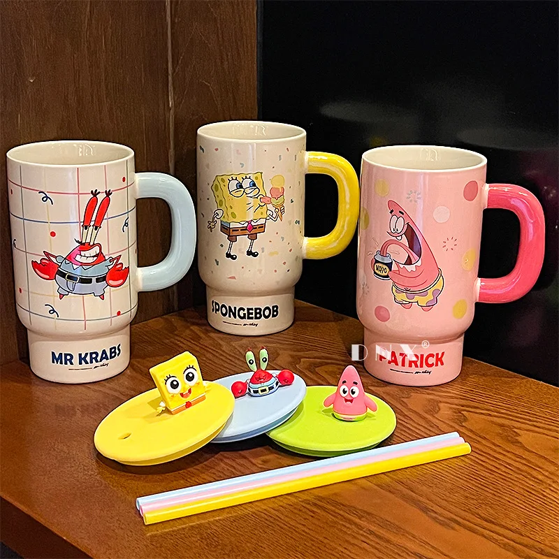 850Ml Spongebob Squarepants Mug Ceramic Water Cup Cute Cartoon Couple Straw Drinking Cup Household Ceramic Cup Coffee Cup Gift