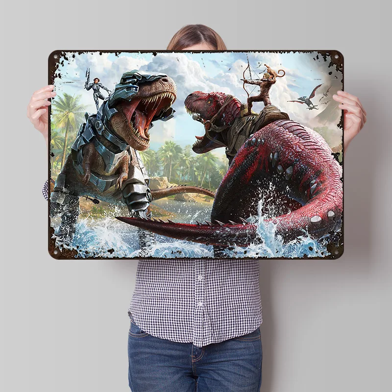 ARK: Survival Evolved Dinosaur Battle Poster Plaque en métal vintage personnalisée, art mural rétro en étain pour la décoration de la maison