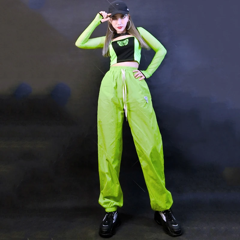 Women\'S Group Kpop Outfit Green Mesh Sleeved Top Cargo Pants Adults Jazz Dance Costume Hiphop Clothing Street Dance Wear SL8881