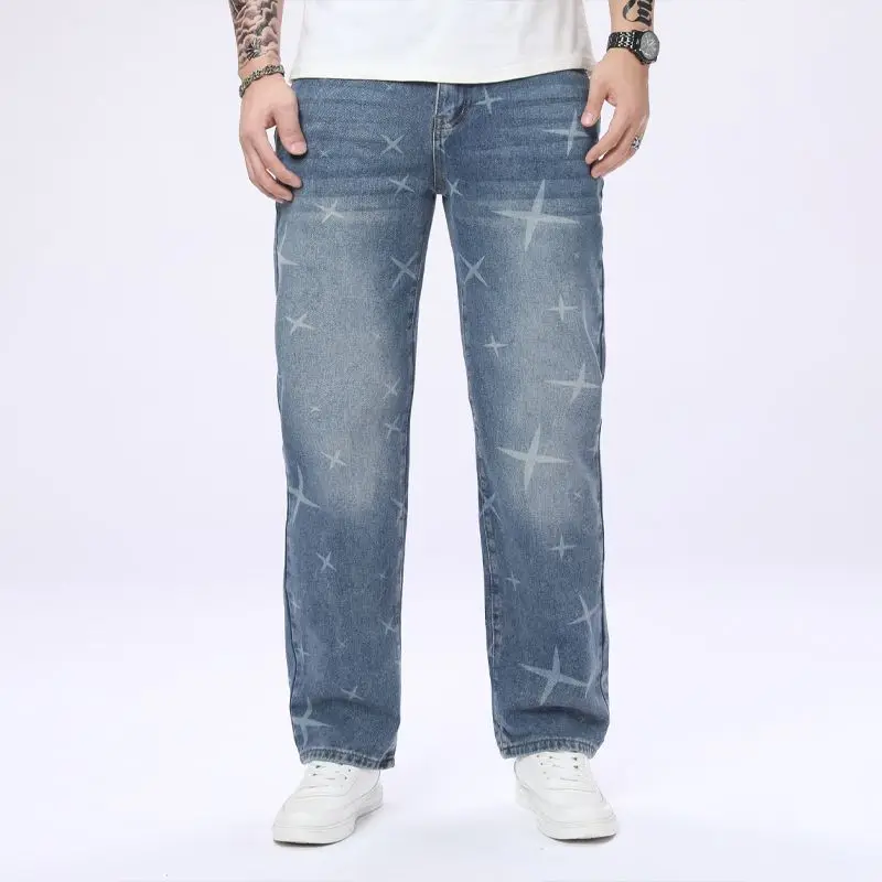 Men's jeans with non elastic irregular printing technology blue fashion, simple and versatile straight leg pants for all seasons