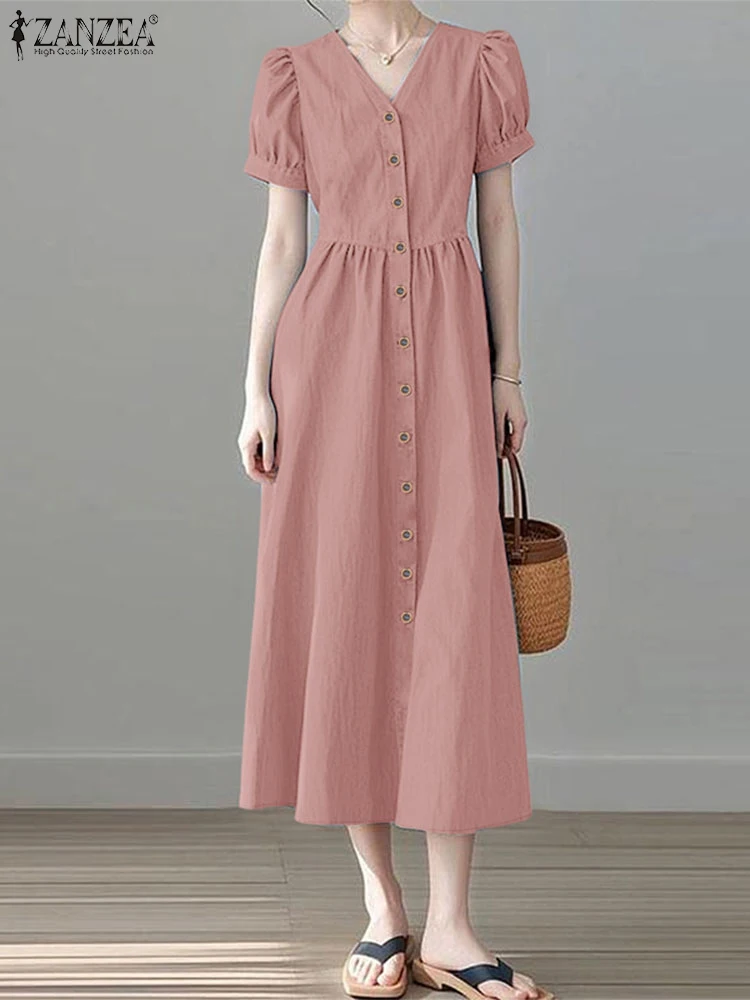 ZANZEA 女性 V ネック A ラインローブファムカジュアルボタンアップエレガントなショートパフスリーブミディドレス 2025 夏デニムルックロングドレス
