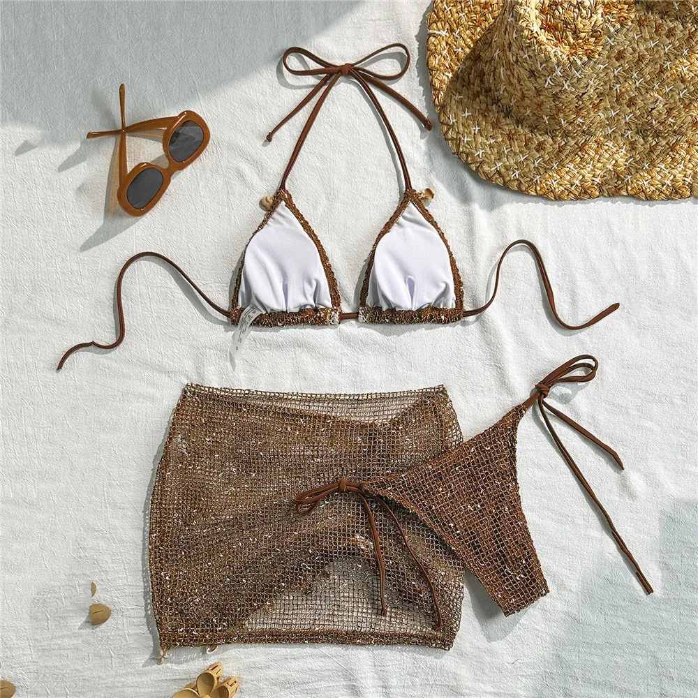 Brown Crochet String Halter 3 Piece Bikini Set Mini Skirt Shell Ornament Swimwear Sexy Micro Thong Swimsuit 2026 Woman Beachwear