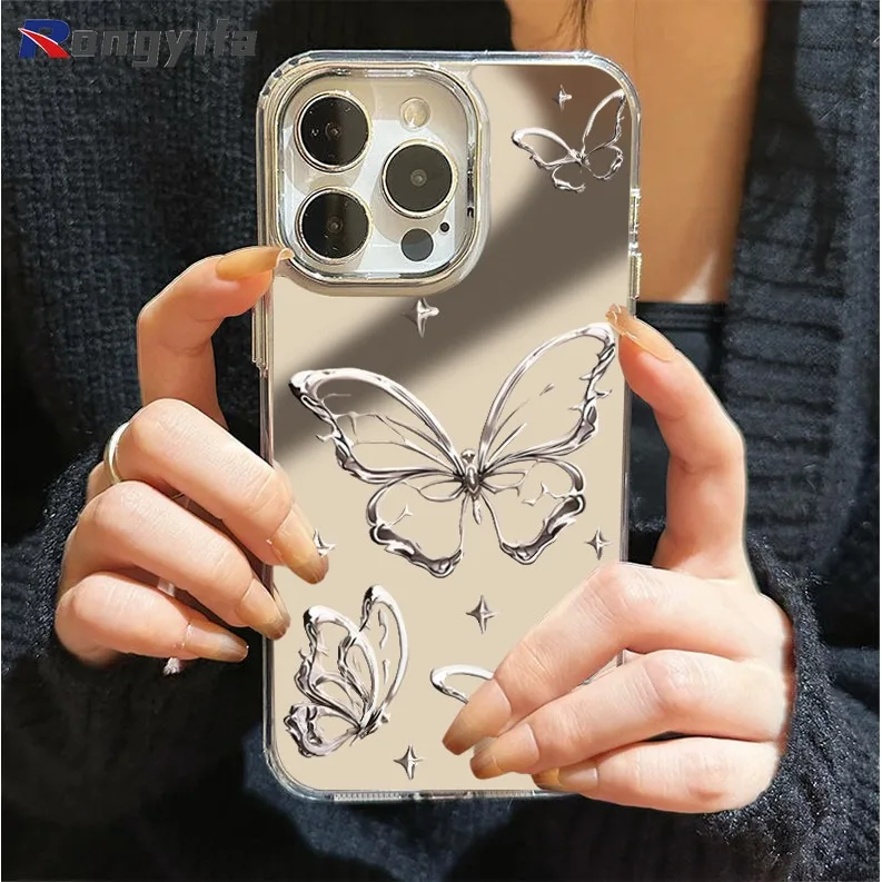 Etui na telefon iPhone 15 14 Plus 13 12 11 Pro Max XS Max XR X 8 7 Plus SE Metal Butterfly Mirror Electroplated Soft Cover