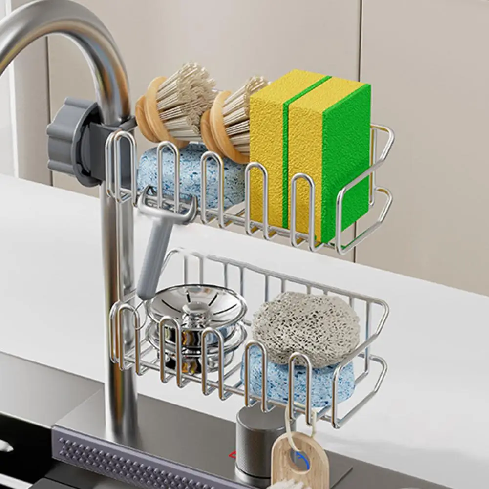 Hollow Design Drainage Shelf Kitchen Sink Faucet Organizer with Ventilated Design Hook for Storage Rack Corrosion Resistant