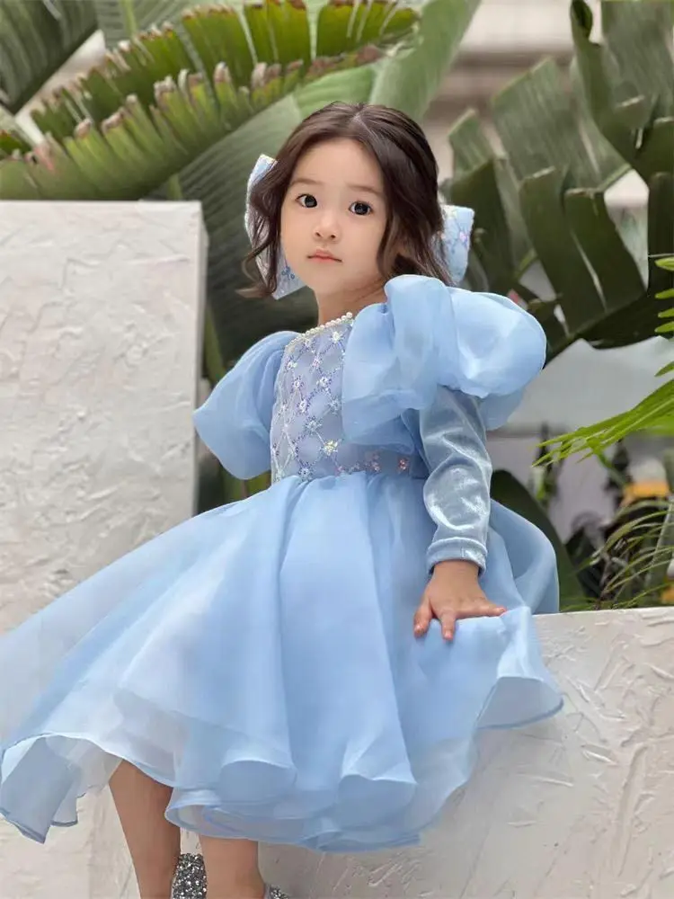 Saia de princesa manga comprida infantil, vestidos de festa para meninas, roupas de menina, bolha, grande, primavera, outono, novo