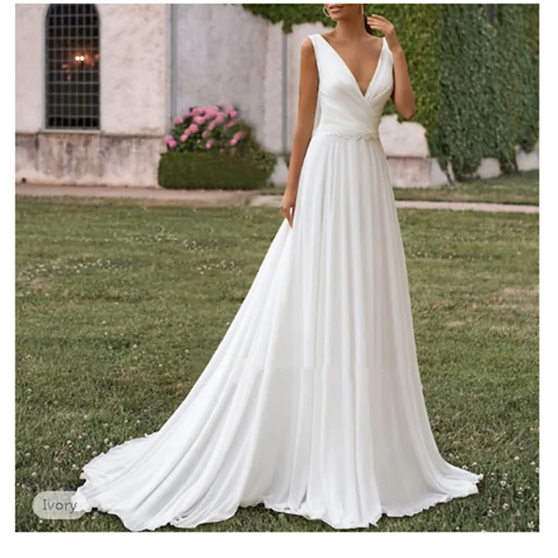 

Beach Wedding Hall Casual Wedding Dresses A-Line V Neck Sleeveless Sweep / Brush Train Chiffon Bridal Gowns With Pleats Pearls