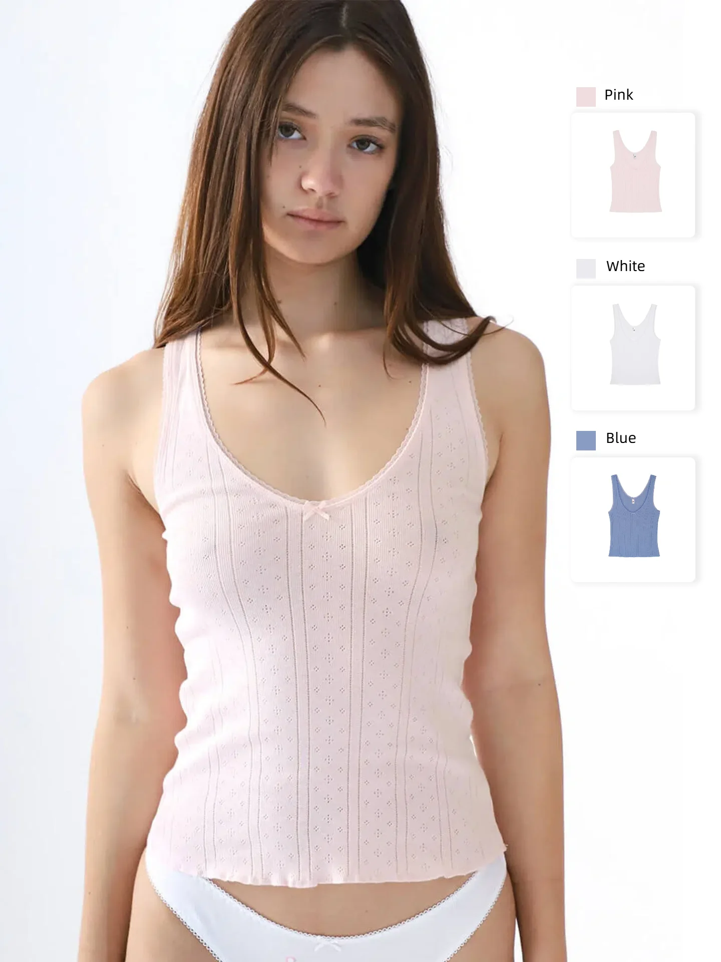 COU Pink and White Lace Trim V-Neck Backless Top, Custom Dyed Pure Cotton Jacquard Comfort Fabric