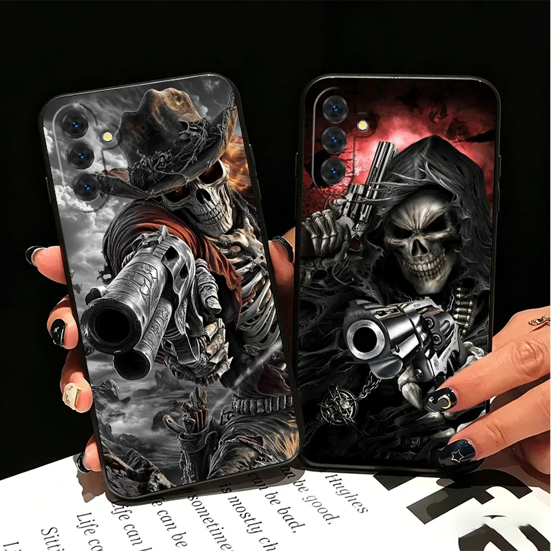 Reaper Skull Skeleton Gun Silicone Phone Case for Samsung A17 A16 A15 A14 A13 A57 A56 A55 A54 A53 A37 A36 A35 A34 A33 A27 A26 A2