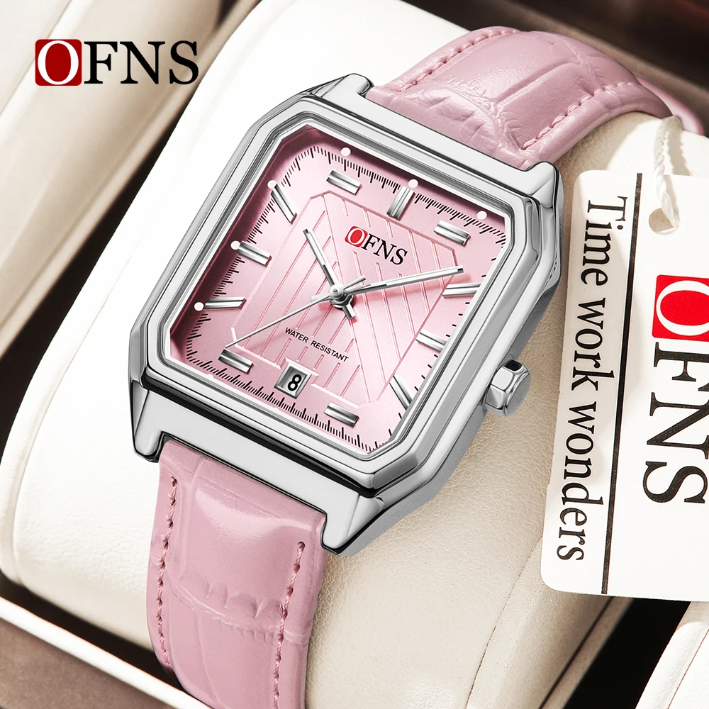 Zegarek Quartz OFNS 1623. Повседневный, простой квадратный циферблат, календарь, водонепроницаемый, кожаный ремень, модный спортивный zegarek n.