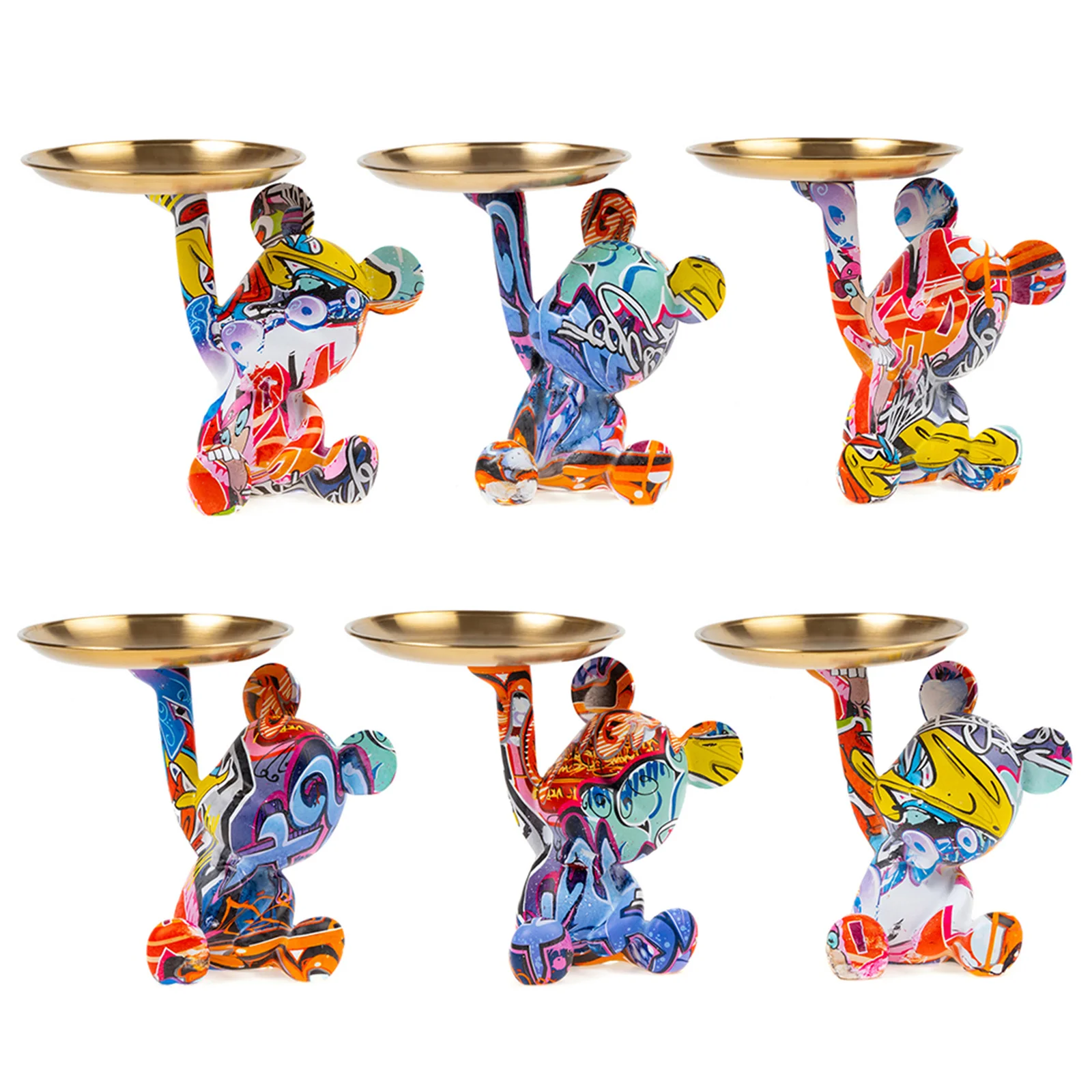 Graffiti Color Bear Tray Decor, Resin Pop Art Bear Statue with Golden Metal Tray, Entryway Jewelry Key Table Storage Organizer
