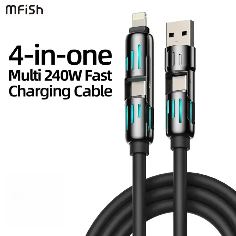 USB Type C lightning-Max 240W Fast Charging and Data Sync MFISH 4-in-1 Multi-Function USB Charging Cable for iPhone 16/15 iPad
