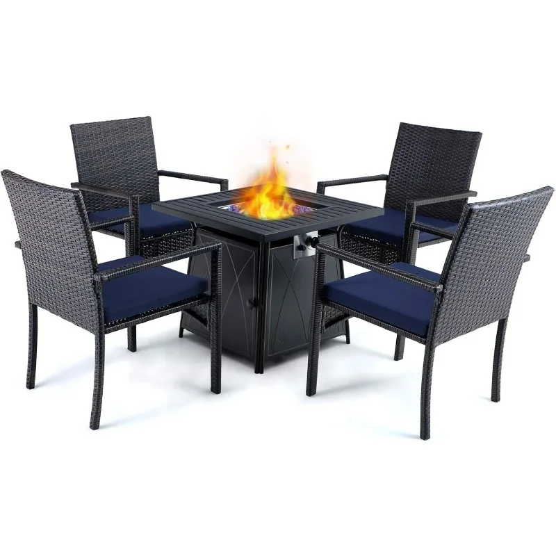 

28” Gas Fire Pit Table with 4 Rattan Chairs Conversation Set, 5 Piece Propane Fire Table Set, Outdoor Conversation Set