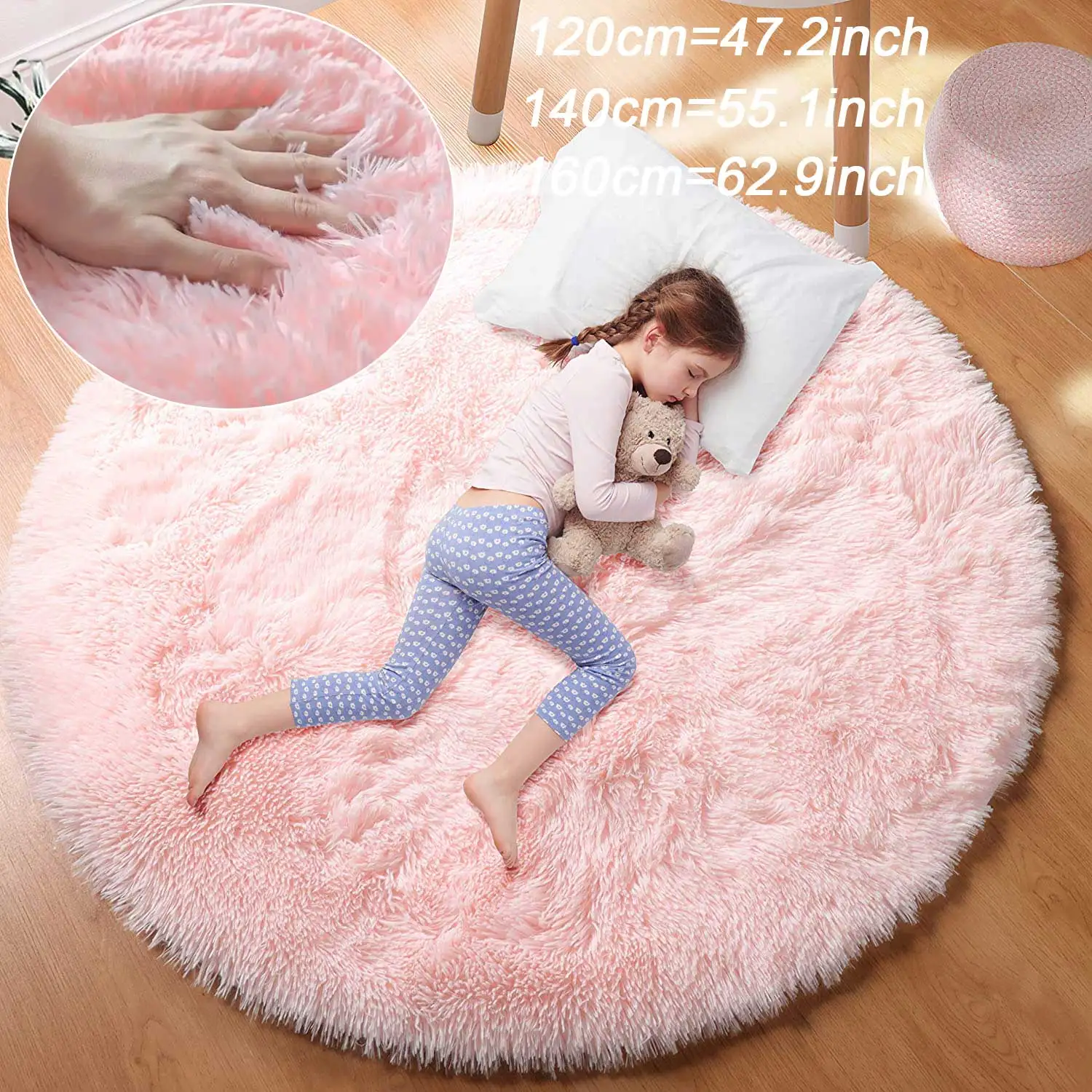 100/120/140/160 Round Rug Fluffy Soft Area Rugs for Kids Girls Room Princess Castle Plush Shag Carpet Cute Circle Bedroom Decor