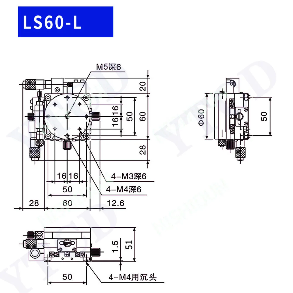 XYR Axis 60mm LS60-L LS60-LM Micrometer Manual Trimming Platform Translation Table and Rotary Table Cross Rail  High Precision