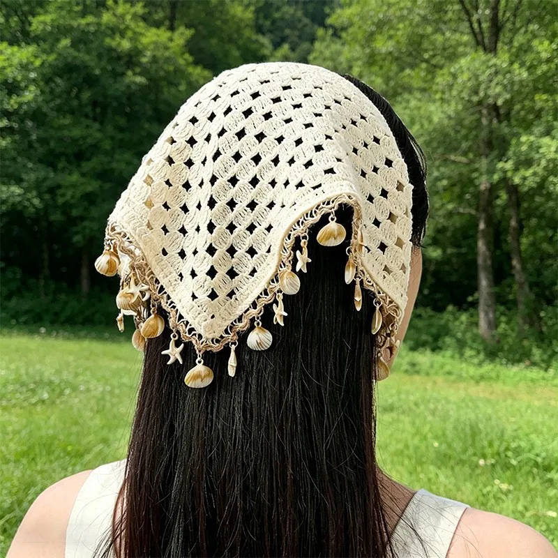 2PCS Girls Hollow Out Boho Beige Crochet Bandana Headband with Shell Starfish Tassel Fringe Edge Beach Holiday Head Wrap view 3