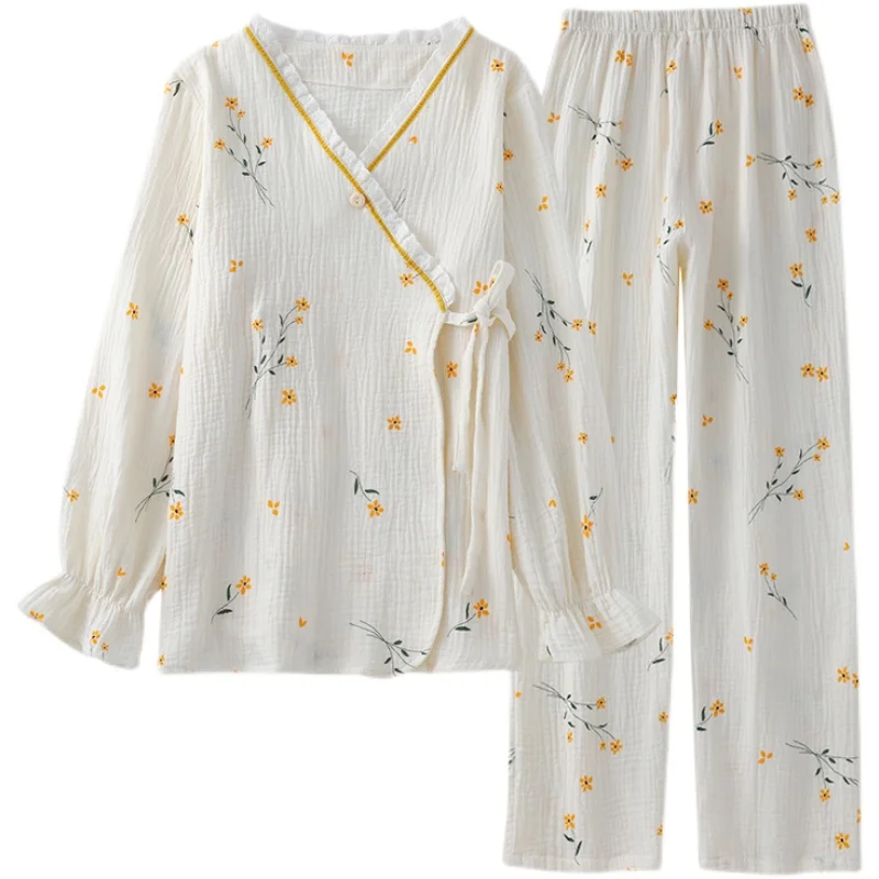 Kimono Pajamas Women Wash Pure Cotton Yarn Spring And Autumn Close Long Sleeve With Buttons Lace Lace Home Sleeping Clothes