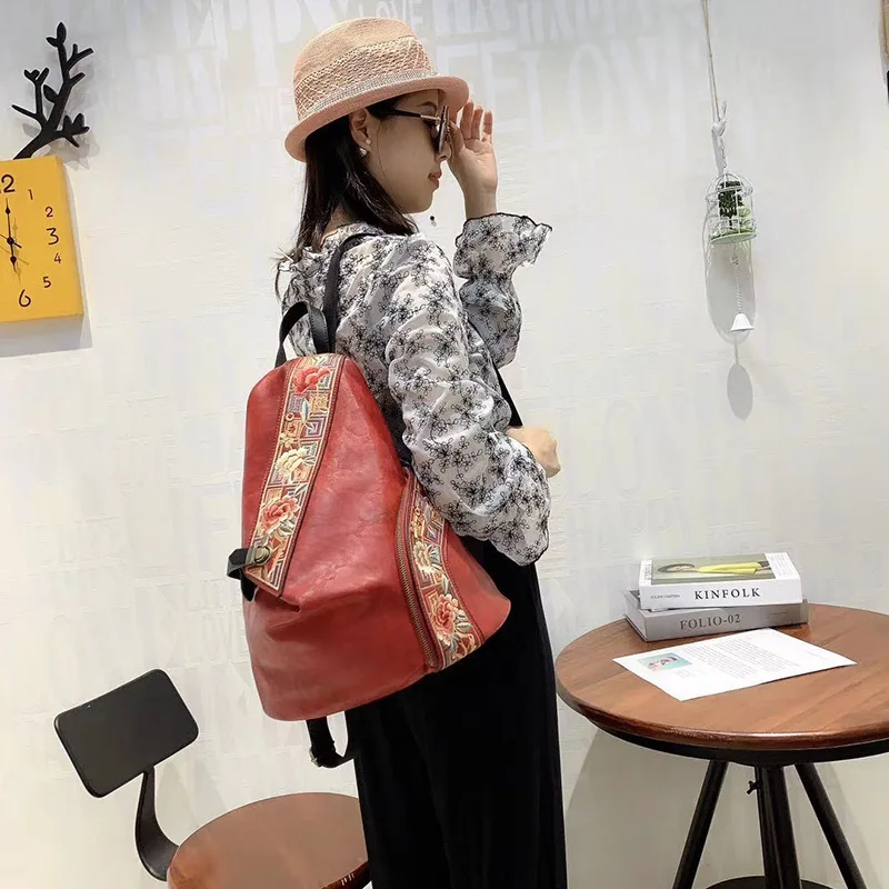 Johnature 2024 New Chinese Style Embroidery Bag High Quality Pu Leather Women Backpack Vintage Large Capacity Female Travel Bags