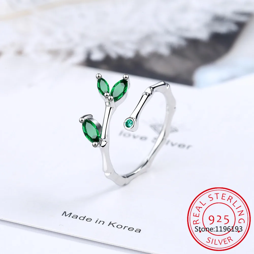 

Leaves Simulated Nano Emerald 925 Sterling Silver Slub Open Ring for Women Statement Green Gemstone Jewelry Anillos de Prata