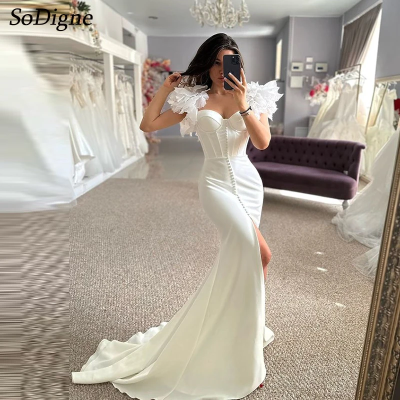 

SoDigne Mermaid Satin Wedding Dresses Sweetheart Sleeveless Split Bridal Dress Women Long Simple Wedding Gown Customized