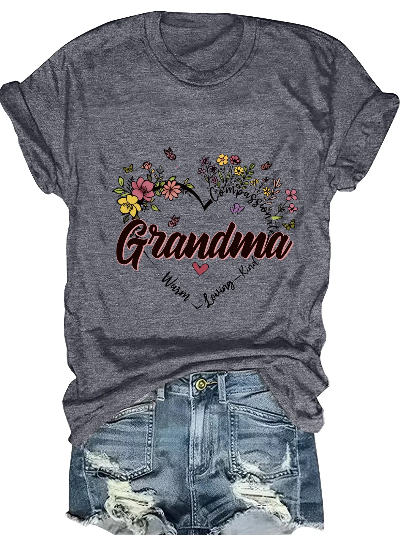 

Fashionable Heart Pattern Print Ladies round Neck Short Sleeve T-Shirt Stylish Casual Top for Women